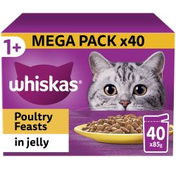Whiskas 1+ Poultry Feasts Adult Wet Cat Food Pouches in Jelly 40 pack, 85g